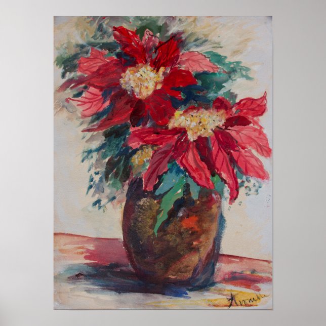 Poinsettien in einer braunen Vase Poster (Vorne)