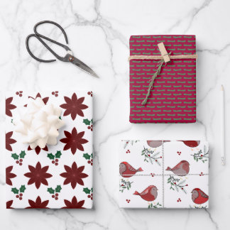 Poinsettien, Punkte, Vögelchen - Geschenkpapier Set
