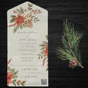 Poinsettien & Stechpalme auf Schneebedecktem Salbe All In One Einladung