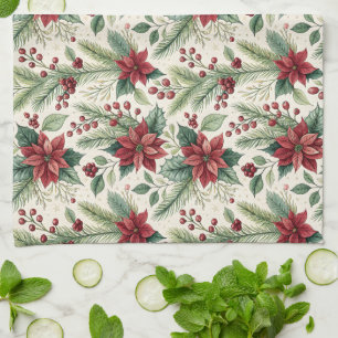 Poinsettien Stechpalme Zeder und Beeren Weihnachte Geschirrtuch