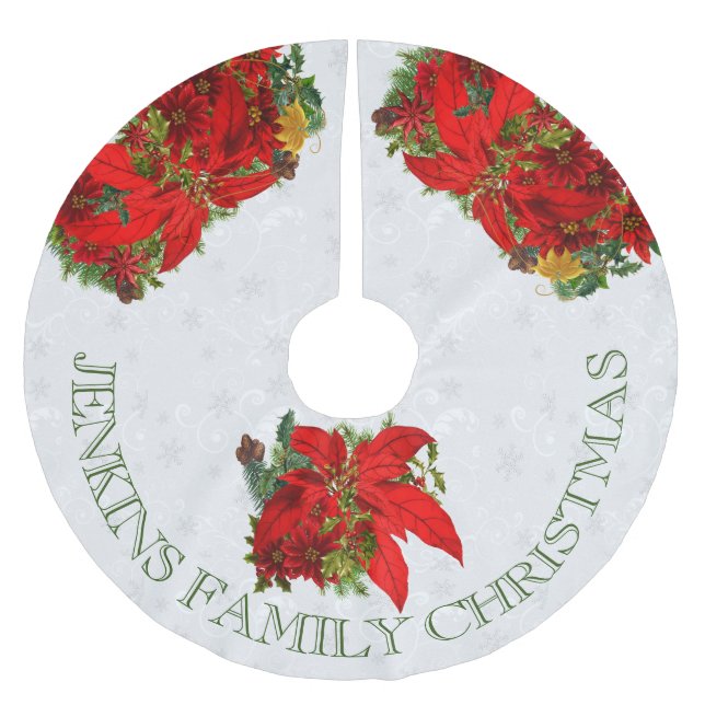 Poinsettien und weiße Schneeflocken mit Text Polyester Weihnachtsbaumdecke (Vorderseite)