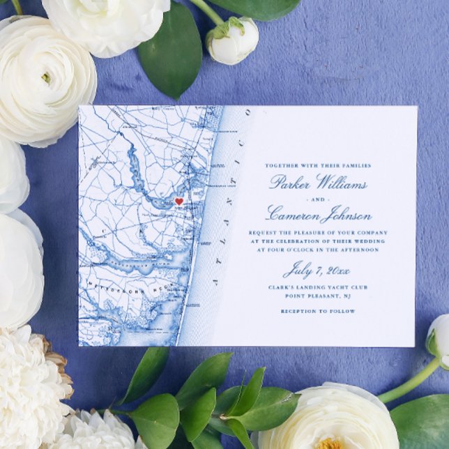 Point Pleasant New Jersey Karte Elegante Marine Ho (Point Pleasant NJ Map Wedding Invitation in Elegant Navy Blue from Coastal Map Designs)
