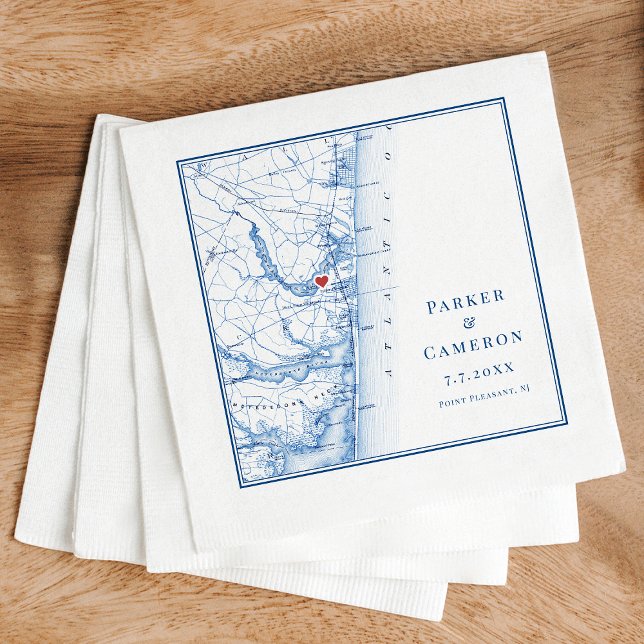 Point Pleasant New Jersey Karte Elegante Wedding Serviette (Point Pleasant NJ Map Wedding Cocktail Napkins in elegant navy blue from Coastal Map Designs)