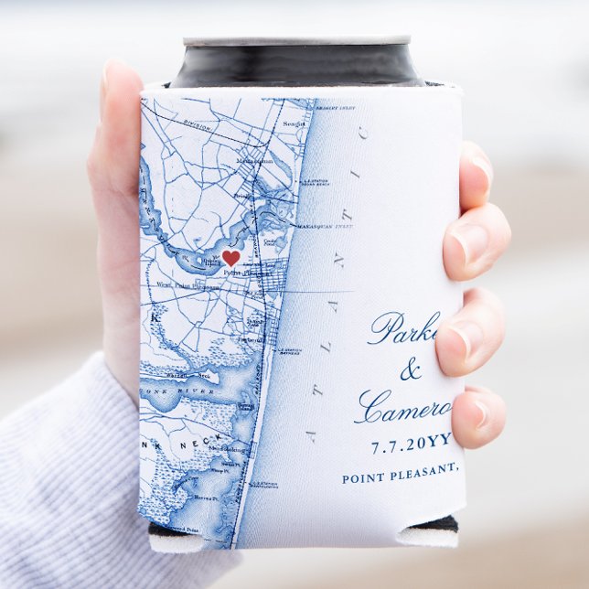 Point Pleasant NJ Gastgeschenk Hochzeit Navy Blue  Dosenkühler (Point Pleasant New Jersey Can Coozie Wedding Favor in elegant navy blue from Coastal Map Designs)