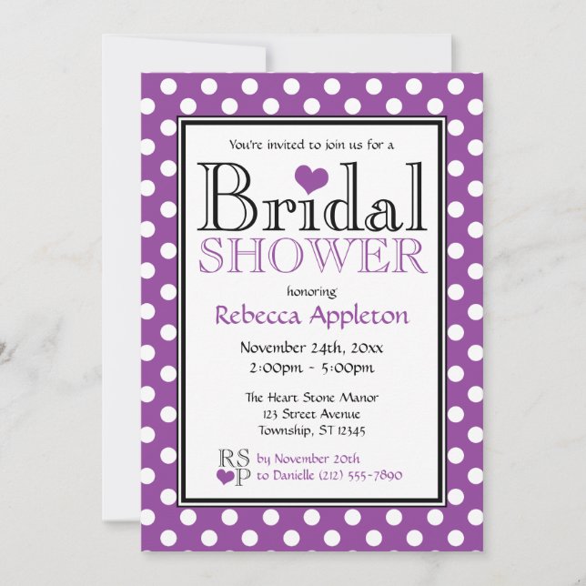 Pointe Polka Purple Heart Bridal Douche Invitation (Devant)