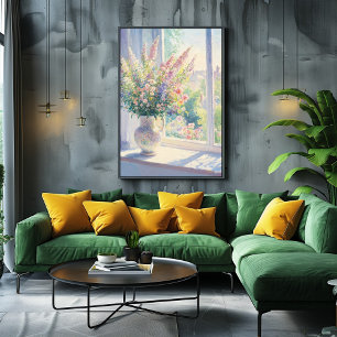 Pointillismus-Blumenkunst mit sonnigem Gartenblick Poster