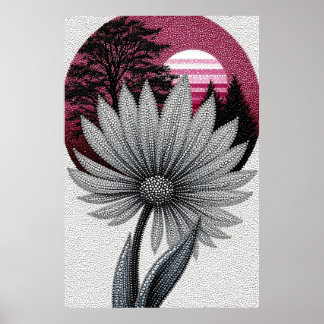 Pointillismus-Daisy mit rosa Sonnenuntergang und W Poster