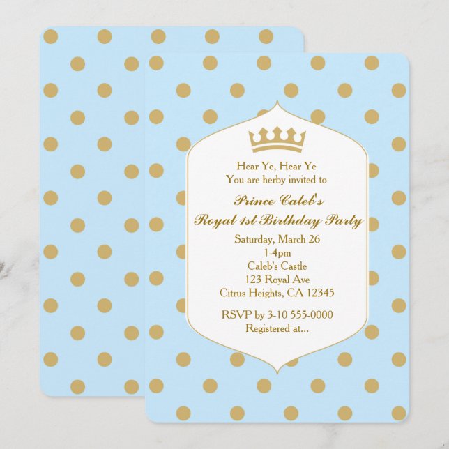 Points Bleus et or Royal Crown Prince Invitations (Devant / Derrière)