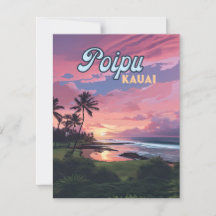 Poipu Kauai Hawaii Beach Palm Trees Retro Card