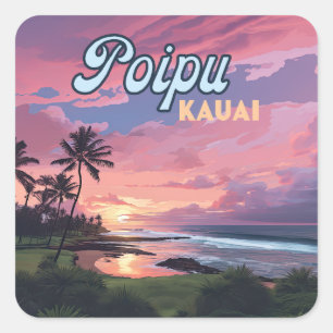 Poipu Kauai Hawaii Beach Palm Trees Retro Quadratischer Aufkleber