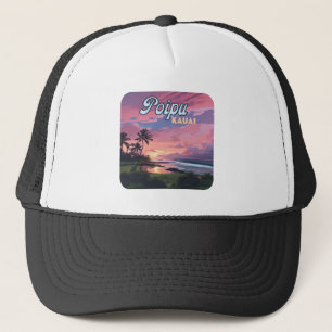 Poipu Kauai Hawaii Beach Palm Trees Retro Truckerkappe