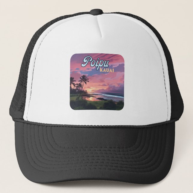 Poipu Kauai Hawaii Beach Palm Trees Retro Truckerkappe (Vorderseite)