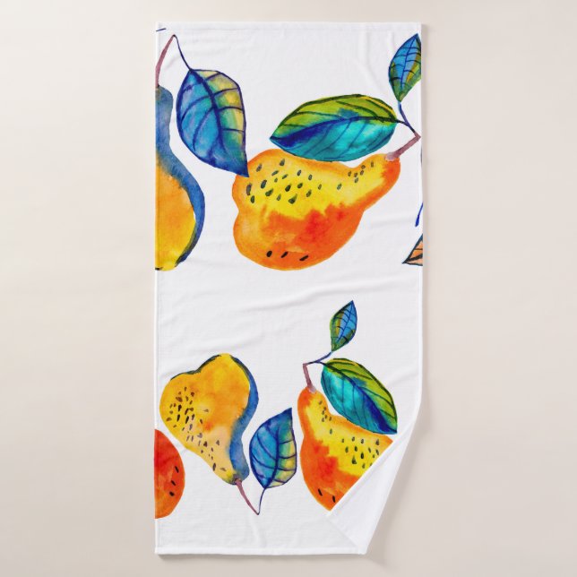 Poires aquarelle peintes à la main dans une bordur (Serviette de bain)