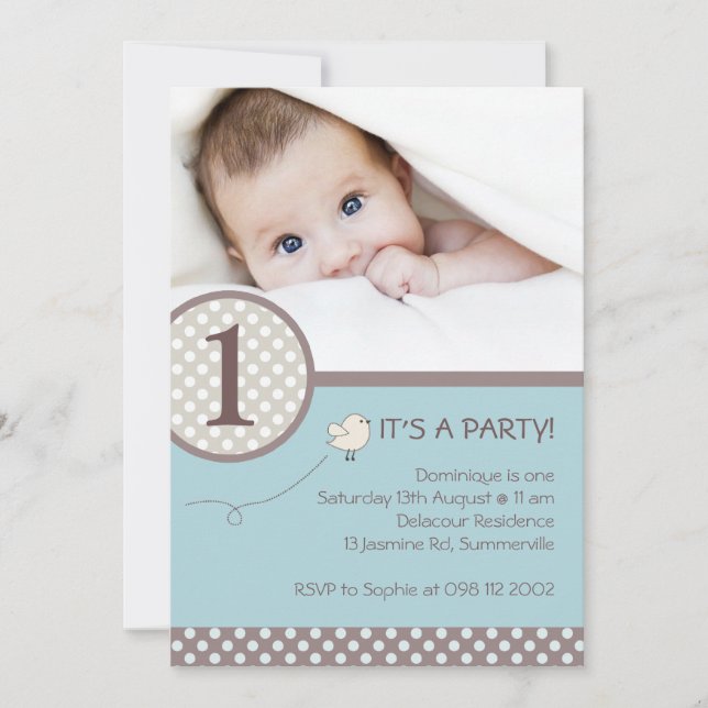 Pois Blue Kids Photo Invitation d'anniversaire (Devant)