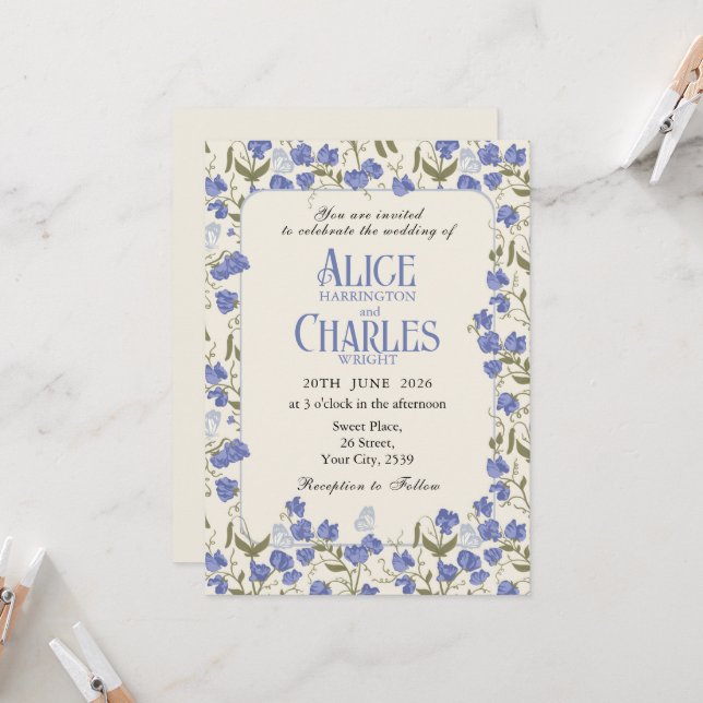Pois doux bleu floral et Faire-part de mariage crè (Devant/Arrière en situation)