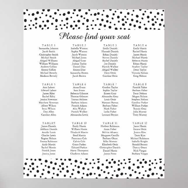 Pois. Poster des cartes de sièges en noir et blanc (Devant)