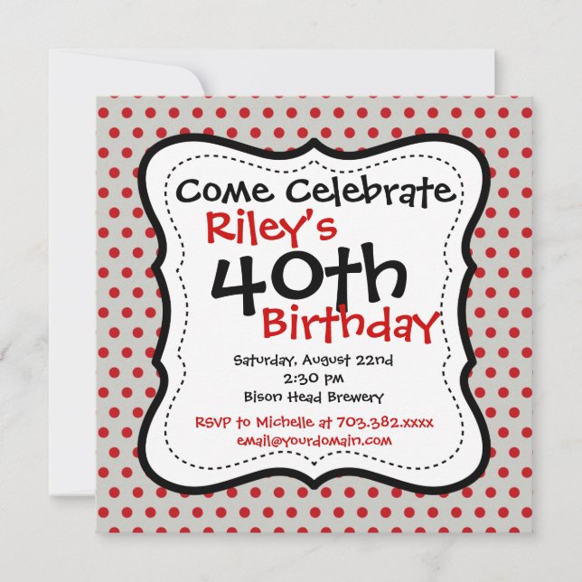Pois Red Grey 40th Birthday Party Invitation (Devant)