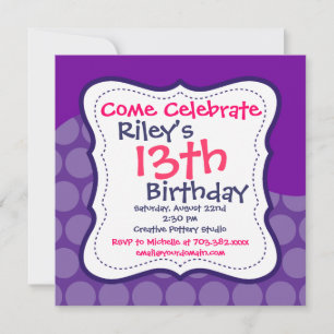 Pois rose violet Invitations de fête d'anniversair