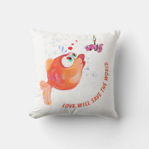 Poisson amusant et ver Love Cartoon Throw Oreiller