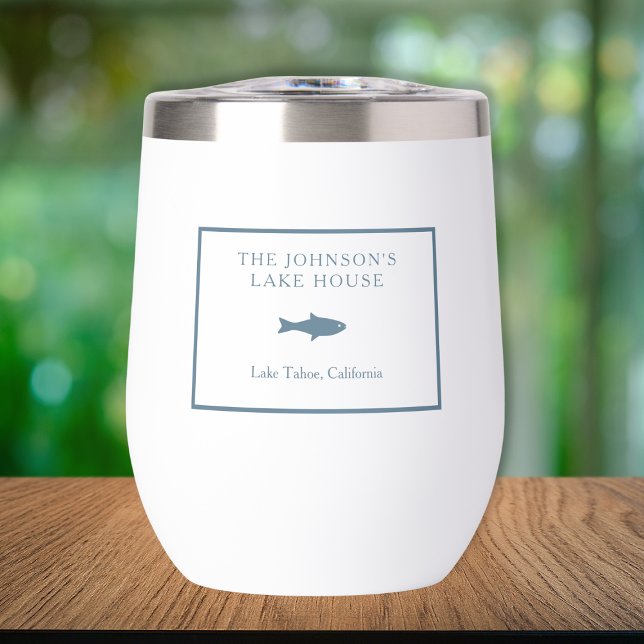 Poisson Bleu de la Maison de Lac Plaid Classable (Custom Lake House Wine Tumbler – Personalize Family Name Fish Design – Perfect for Summer Retreats!)