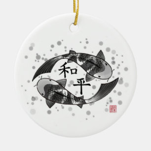 Poisson Koi avec caractère de paix Ornement cérami