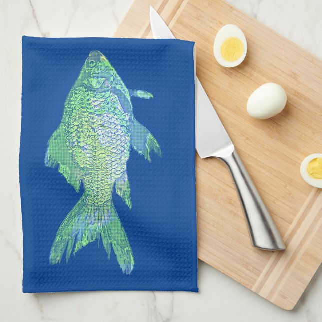 Poisson vert et bleu serviette de cuisine (Quart Plié)