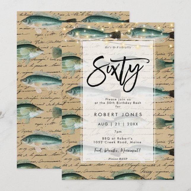 Poisson vintage 60e anniversaire invitation (Devant / Derrière)