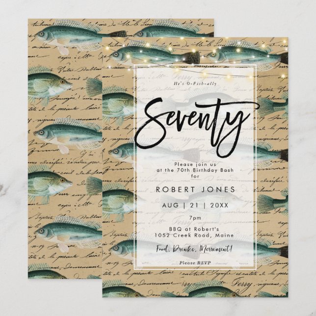 Poisson vintage 70e anniversaire invitation (Devant / Derrière)