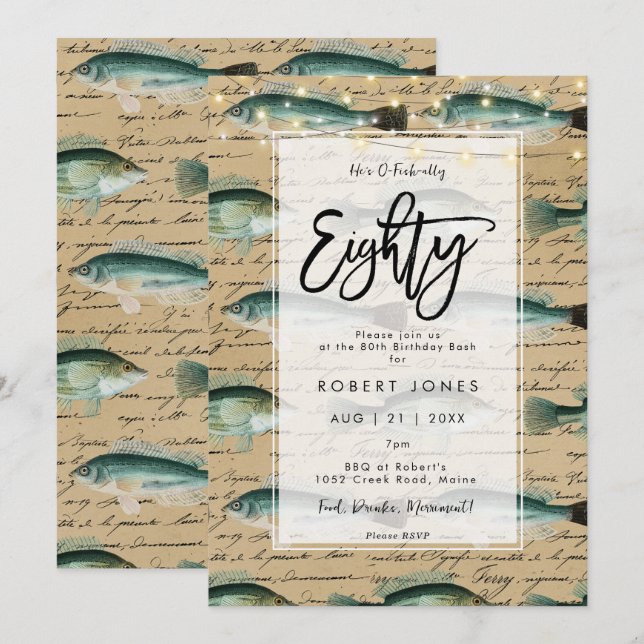 Poisson vintage 80e anniversaire invitation (Devant / Derrière)