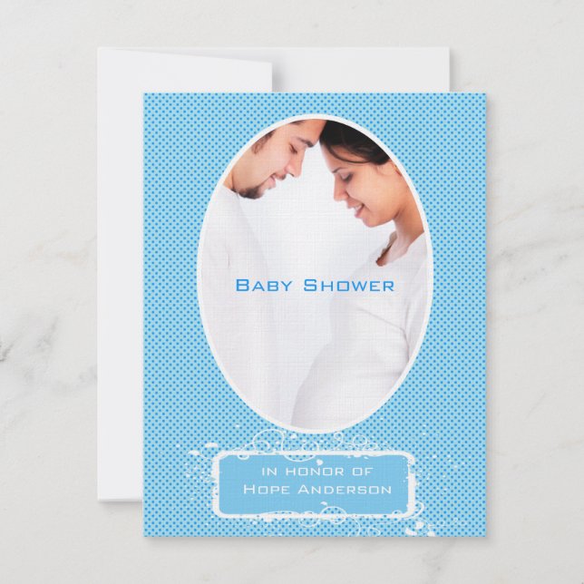 Poka Dots Blue Foto Baby Boy Shower Ankündigung (Vorderseite)