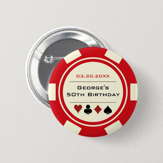 Poker Birthday Chip Casino Thema Rote Creme Button (Vorne & Hinten)