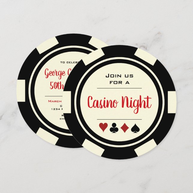 Poker Chip Schwarz-weißes Casino Einladung (Vorne/Hinten)