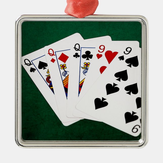 Poker Hands - Vollhaus - Königin und Neun Silbernes Ornament (Vorne)
