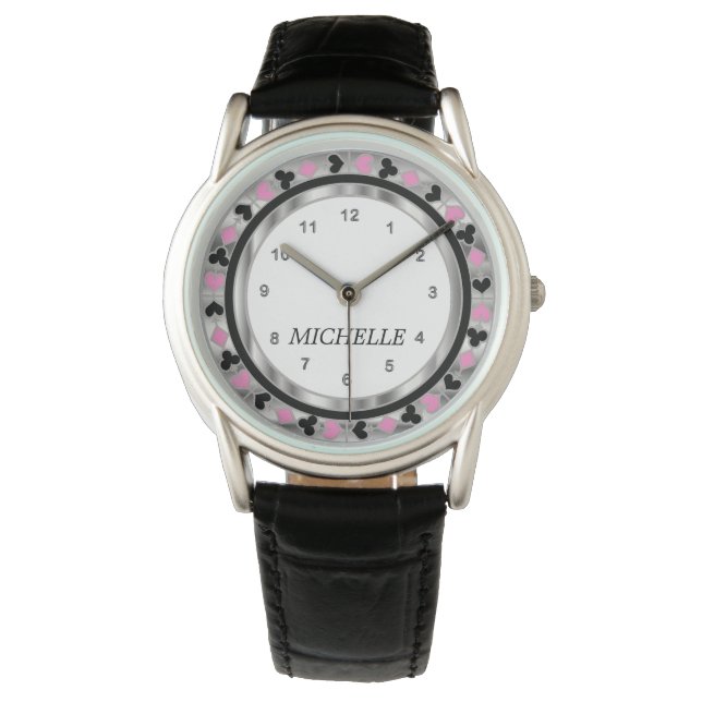Poker-Player personalisieren - Sliver & Pink Armbanduhr (Vorderseite)