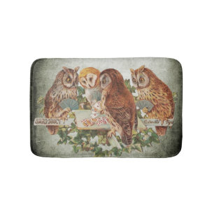 Poker Playing Owls Vintag Illustration Badematte