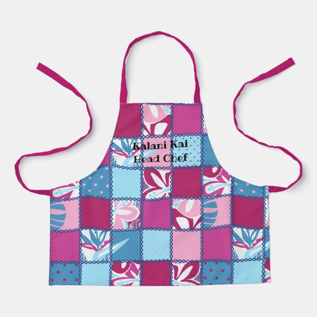 Pokii Hawaiian Floral and Dot Patchwork Pink Schürze (Vorderseite)