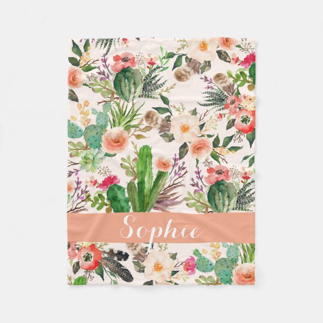Polaire Boho cactus aquarelle customisée couverture (Devant)