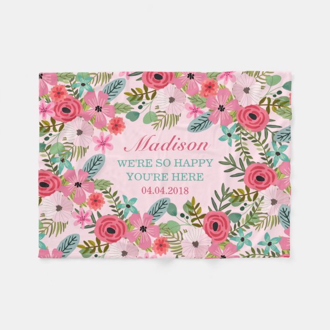 Polaire Couverture bébé fleurie rose personnalisée (Devant (Horizontal))