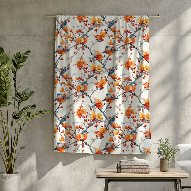 Polaire Couverture de fleurs d'automne avec des oiseaux co (Fall Flowers Blanket with Colorful Birds in Flight)