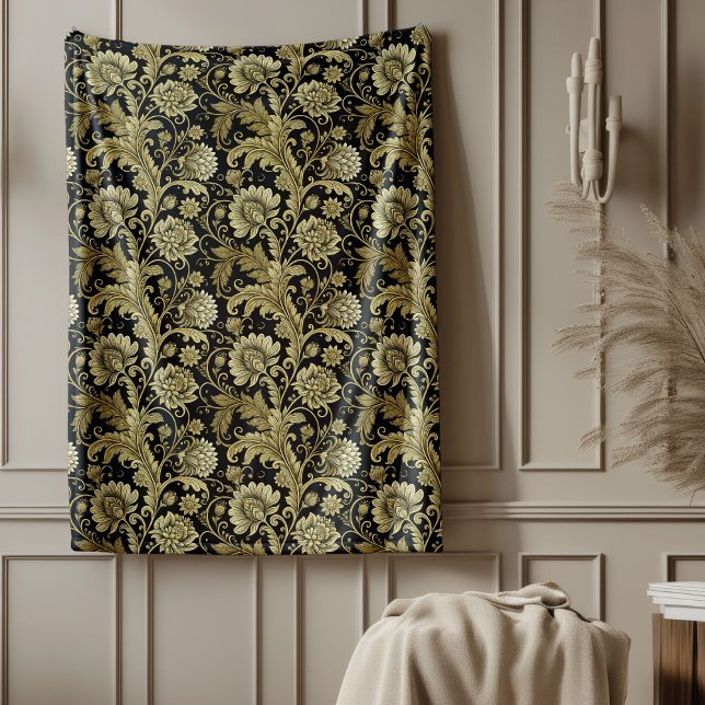 Polaire Couverture en damas or baroque dans une élégante t (Baroque Gold Damask Blanket in Elegant Black Hue)