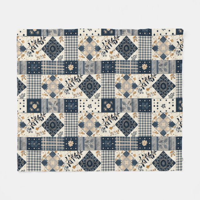 Polaire Couverture Patchwork Crème Bleu Marine Gingham (Devant (Horizontal))