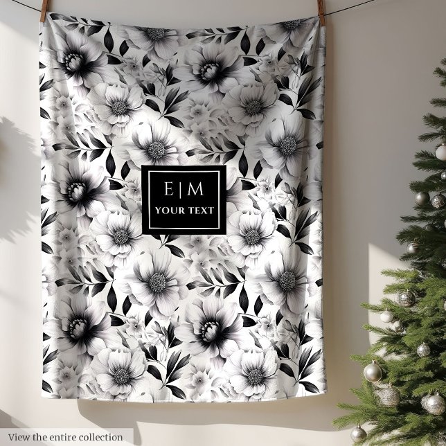 Polaire Extraordinaire couverture de fleurs noir et blanc  (Amazing opulent black and white flowers blanket)