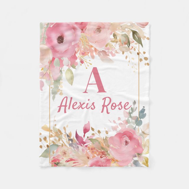 Polaire Monogramme floral rose vif Bébé Couverture fille (Devant)