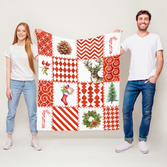 Polaire Patchwork rouge et blanc Couverture de la surface  (En situation)