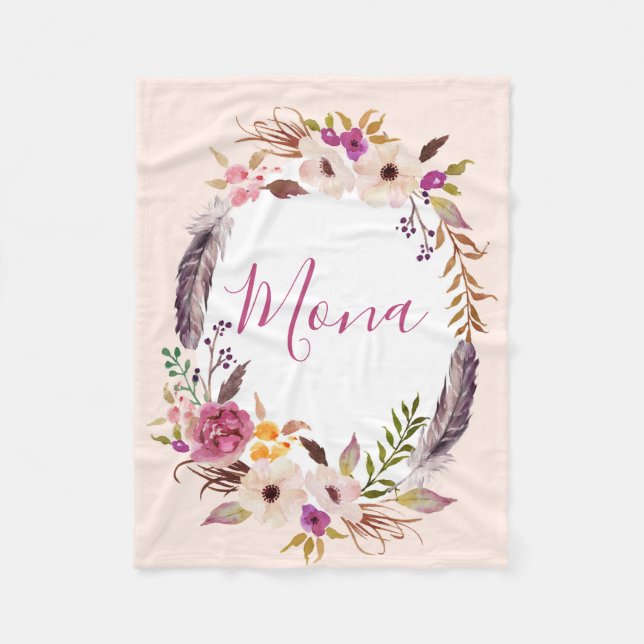 Polaire Plumes Boho aquarelle customisée couverture (Devant)