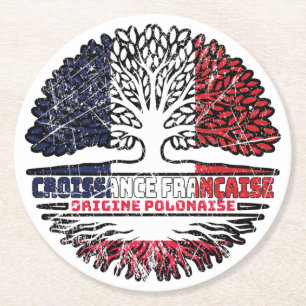 Poland Polish French France Tree Roots Flag Runder Pappuntersetzer