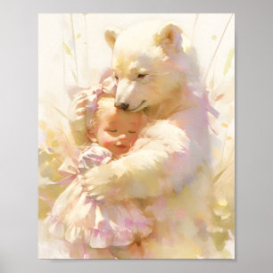 Polar-Bär-Umarmen mit Baby-Mädchen-Nursery-Wandpos Poster