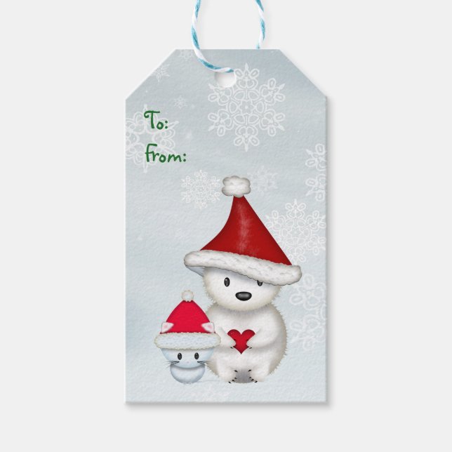 Polar Bär und Kitten Weihnachtsgeschenkmarken Geschenkanhänger (Vorderseite)