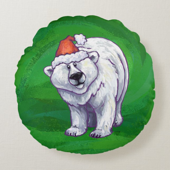 Polar Bären Weihnachten auf Grün Rundes Kissen (Vorderseite)