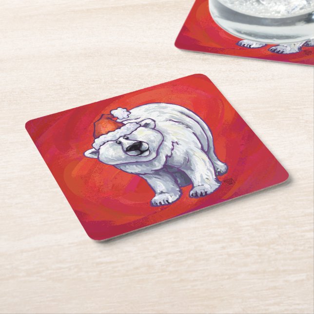 Polar Bären Weihnachten auf Rot Rechteckiger Pappuntersetzer (angewinkelt)